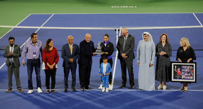 STEPPING AWAY, SANIA MIRZA IS GIVEN A SPECIAL SEND-OFF AT THE DUBAI DUTY FREE TENNIS CHAMPIONSHIPS