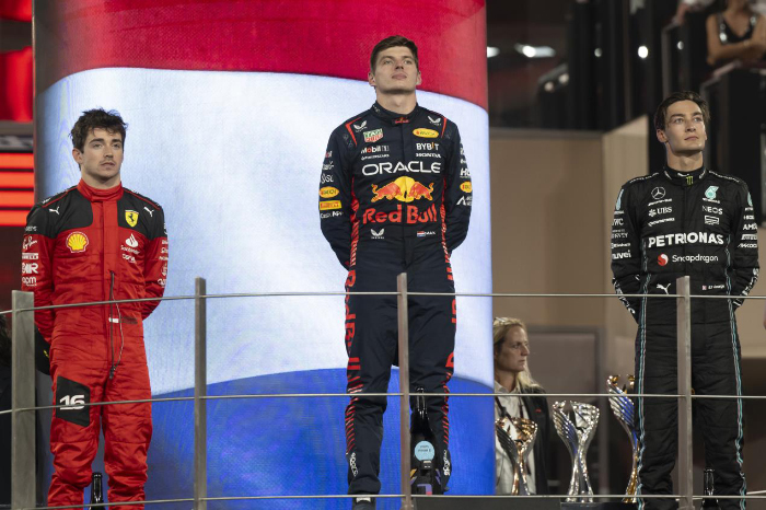 Hamdan bin Mohamed bin Zayed presents trophy to Formula 1 Etihad Airways Abu Dhabi Grand Prix 2023 winner Max Verstappen